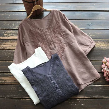 

new summer women ramie embroidery pullover shirt retro loose V-neck tops