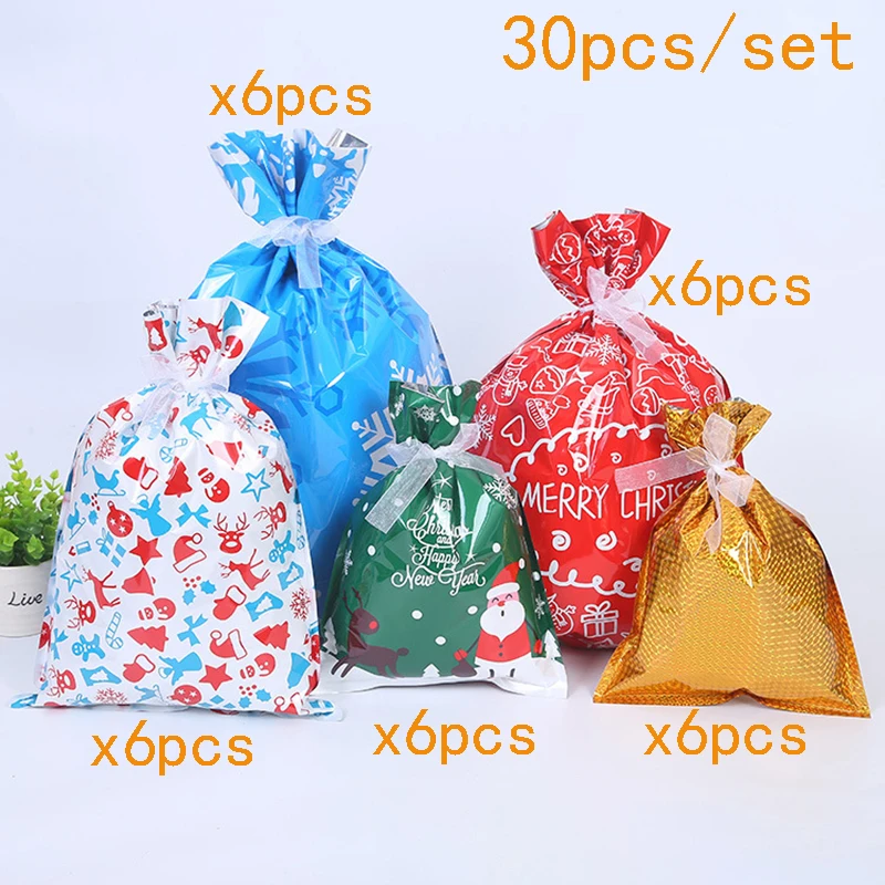 30pcs Christmas gift bags+ 30pcs ribbons Drawstring Snowflake Gift Bags Candy Favors Present Wrapping