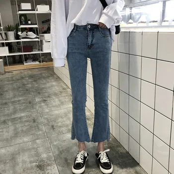 

Women Hight Waisted Wide Leg Jeans 2019 Summer Autumn Stretch Slim Ankle Length Button Pockets Denim Flare Pants Plus Size