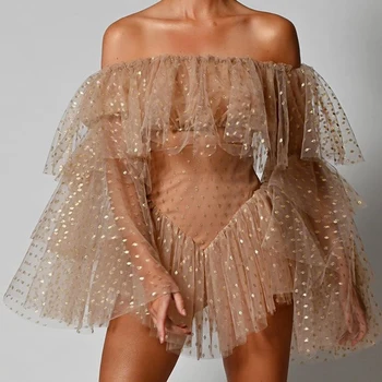 

Khaki Sexy Mini Summer Dress Mesh Long Butterfly Sleeve Cascading Ruffle Fashion Slash Neck Club Women's Dress 2020 Top Quality