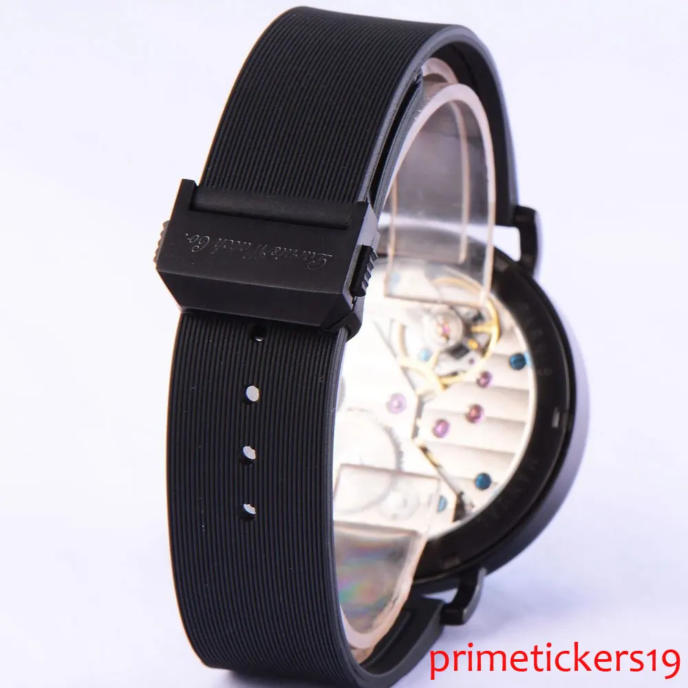 PVD покрытием case46mm parnis черный циферблат 6497 Рука обмотки Мужские часы P874