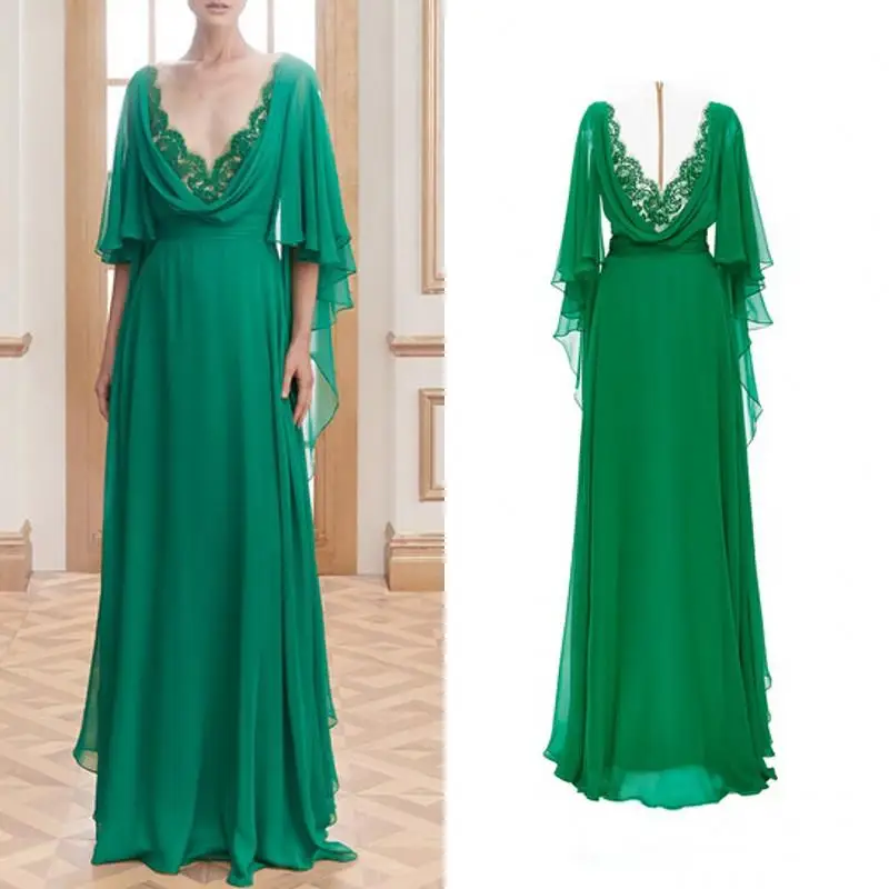 Зеленое шифоновое платье с коротким рукавом для матери невесты,, vestido de madrinha, летнее кружевное торжественное платье с v-образным вырезом на спине