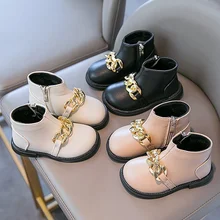 

Little Girls with Metal Chains Fashion Boots Kids Spring Low Heels Ankle Boots Solid Black Non-slip Toddler Girls Boots 2021 Hot