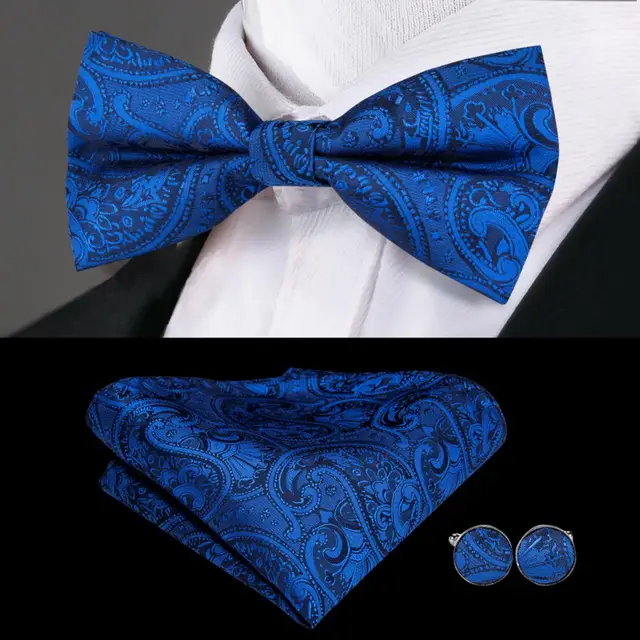 Hi-Tie Classic Black Bow Ties for Men 100% Silk Butterfly Pre-Tied Bow Tie Pocket Square Cufflinks Suit Set Floral Gold Bowties LH-786