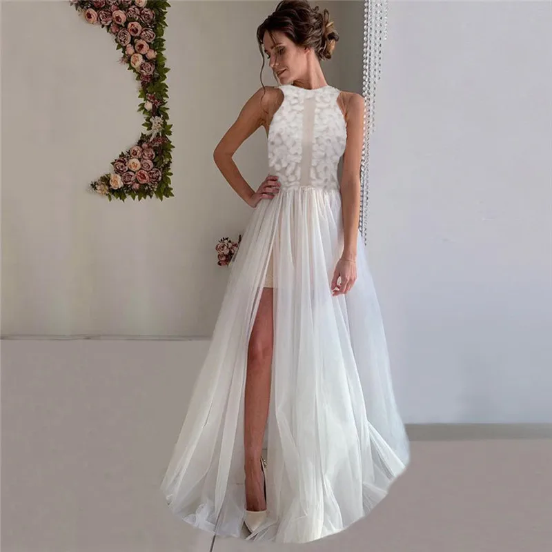 

Women Summer Dress Fashion Casual Sleeveless O-Neck Solid Applique Fork Opening Dress Sexy Off the Shoulder Maxi Dress Vestido