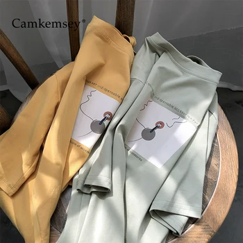 

CamKemsey Basic O-Neck Summer Short Sleeve T Shirts Women 2020 New Abstract Lines Characters Print Cotton Tee Shirts Female Tops