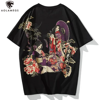 

Aolamegs Hip Hop T-shirt Men Japanese Geisha Print T shirts Harajuku Japan Style Tee Baggy Cotton Short Sleeve Summer Streetwear