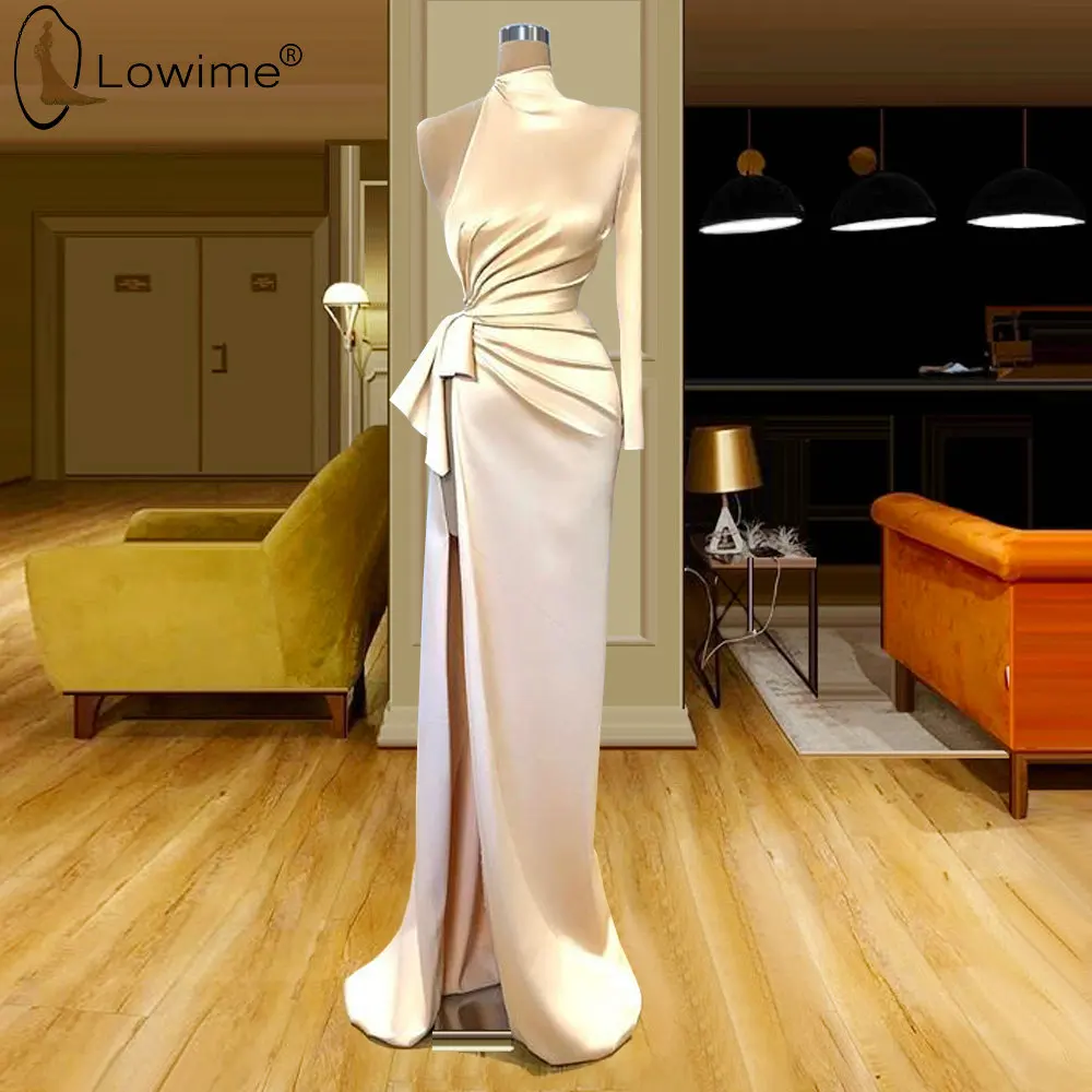 

One Long Sleeve High Neck Mermaid Evening Dresses Ruched High Split Kaftan Prom Party Gowns Vestido de festa