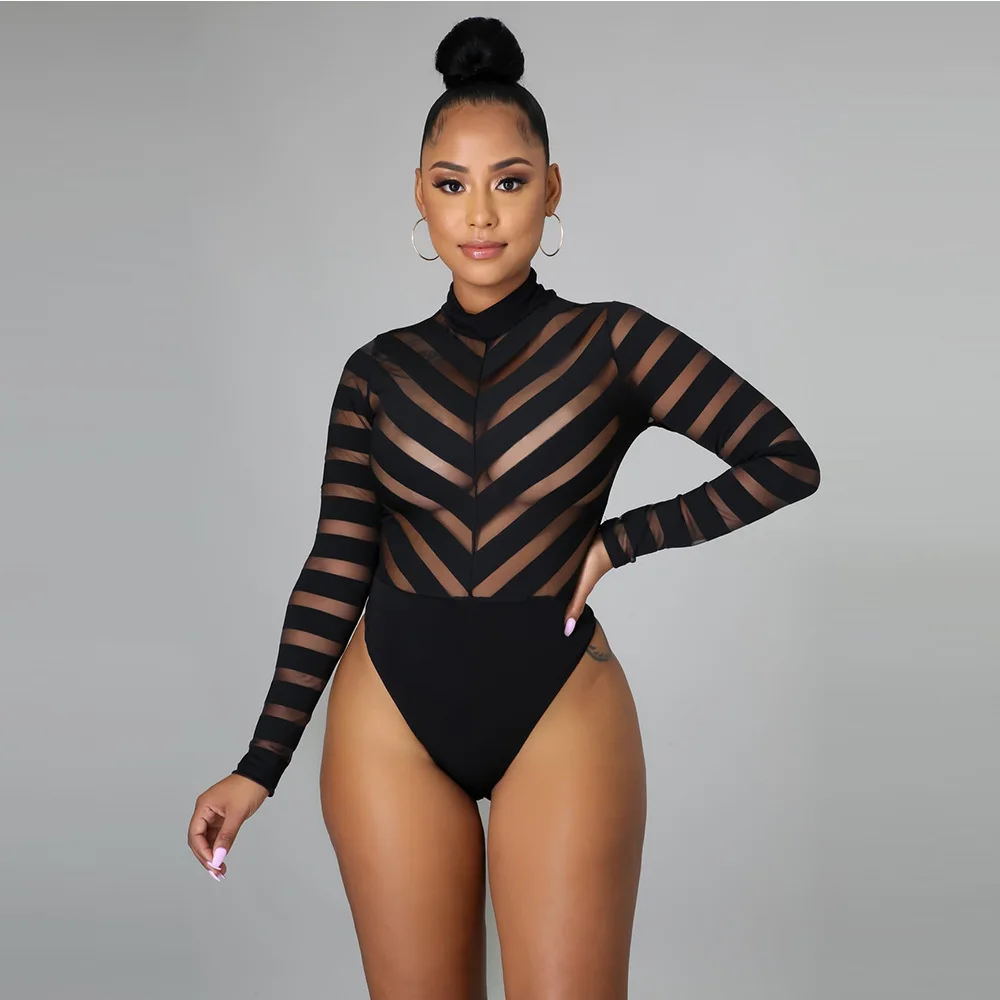 black bodysuit Bodysuit Women Black Mesh Patchwork See-through Full Sleeve Skinny Elastic Women Bodysuits Sexy Night Club Party Chothes 2021 bodysuit women