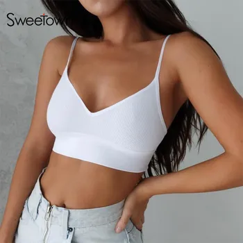 

Sweetown Casual Solid Slim Summer Crop Tops For Women Fitness Activewear Off Shoulder Skinny Sexy Bralette Tank Top Clubwear