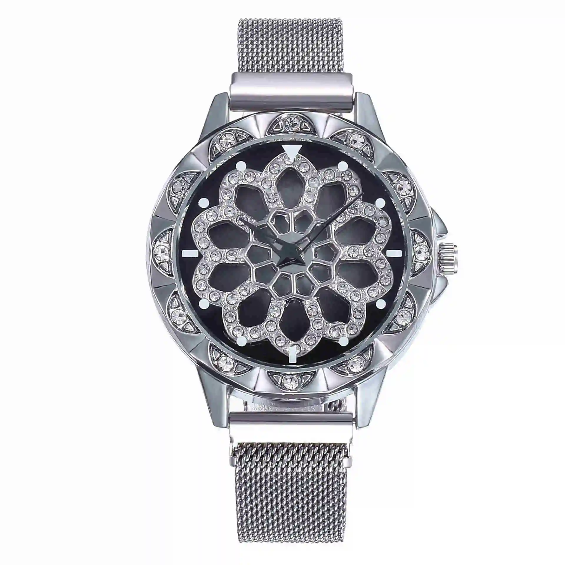 Foloy женские часы модные миланские 7 цветов вращающийся цветок горный хрусталь наручные Роскошные повседневные женские часы - Цвет: Серебристый