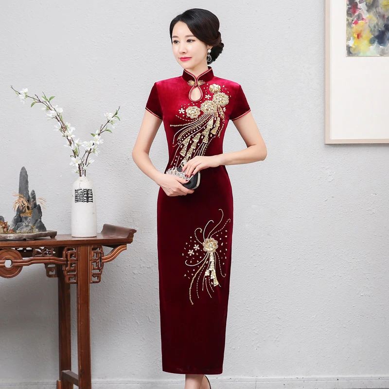 Платье с цветочным принтом, воротник-стойка, рукав до локтя, Cheongsam Vestidos, женское платье с высоким разрезом, сексуальное вечернее платье с бусинами, Qipao размера плюс