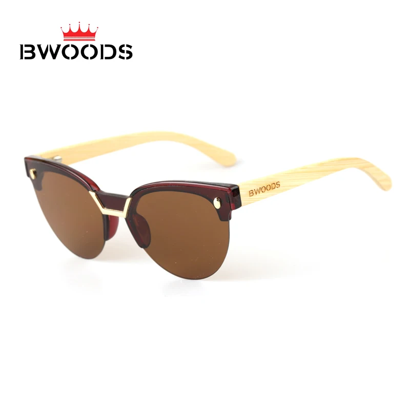Brown ПК бамбуковые UV400 Солнцезащитные очки полуобода дизайн - Цвет линз: Brown