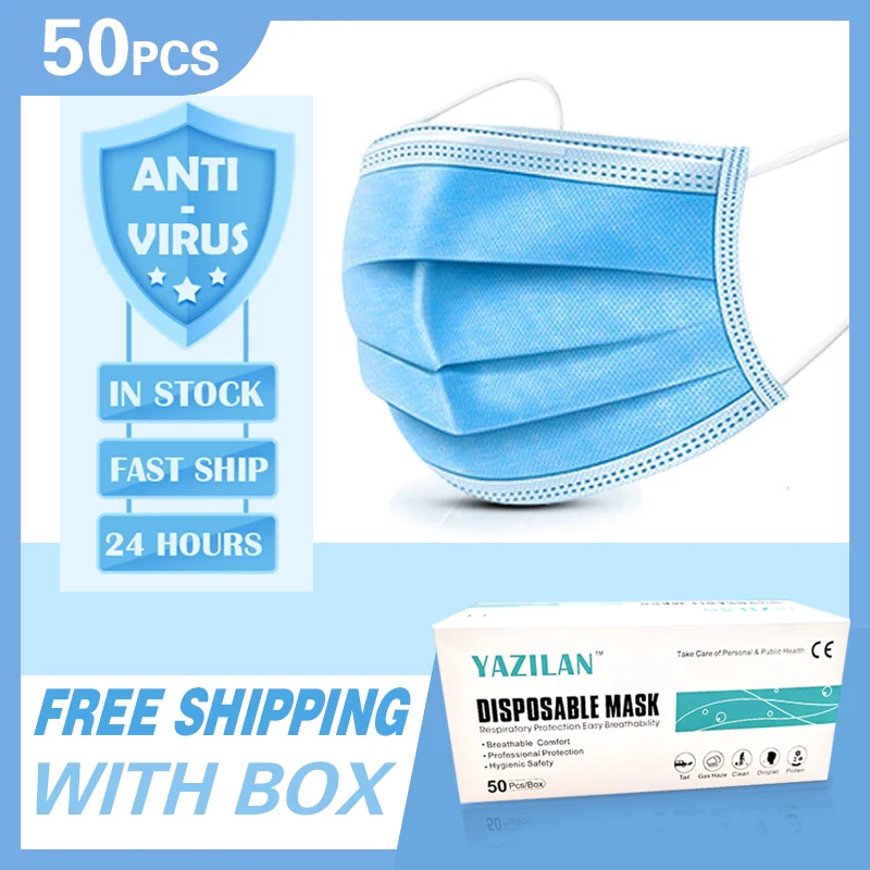 

50pcs 3 Laye Anti-Pollution Mask dust protection Masks Disposable Face Mask Elastic Ear Loop Disposable Dust Filter Safety Mask