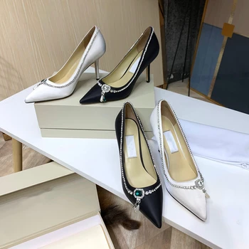 

Top Quality Pointed Toe Women Pumps Crystal Solid Real Silk Shallow High Heels Shoes Women's Wedding Shoes Genuine Leather Pumps
