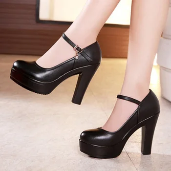 

2019 spring new high-heeled waterproof platform women's single shoes thick with large size round head shallow mouth fashion shoe