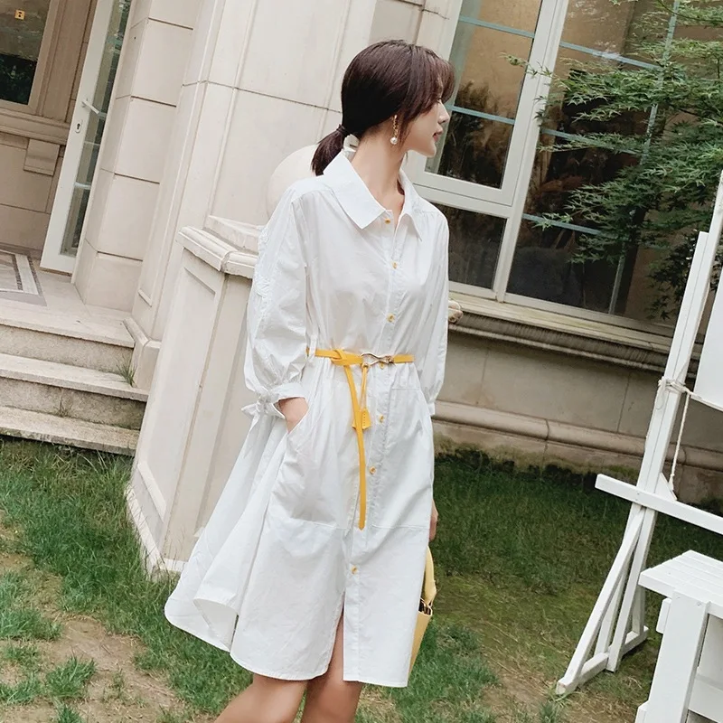 

Photo Shoot CHIC Ladies' Puff Sleeve White Fold-down Collar Three-quarter-length Sleeve Shirt Dress with Belt Waist Hugging Mid-
