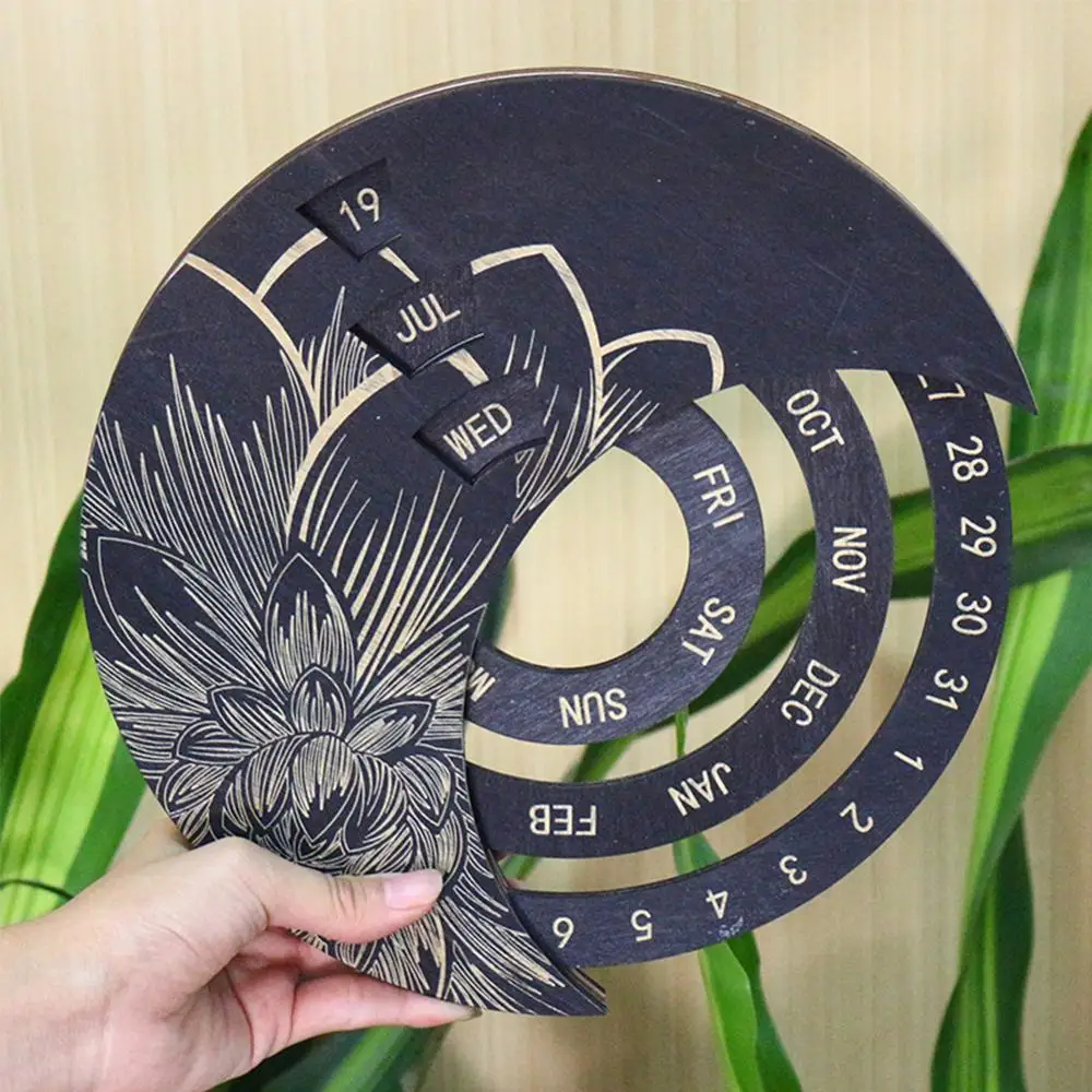 Wooden Round Turntable Calendar Creative Wooden Wall Calendar Wall Hanging Crafts Desktop Decorative Classic Gift