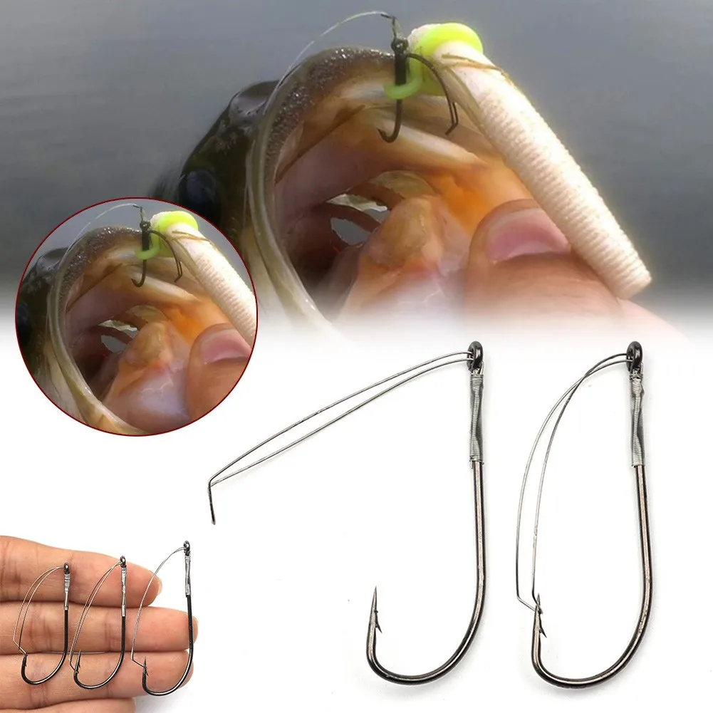 10pcs/box Weedless Barbed Fishhook Fishing Hook Reusable Bass Single Worm Hook Worms Lure Bait Holder Fish Tackle Accessories