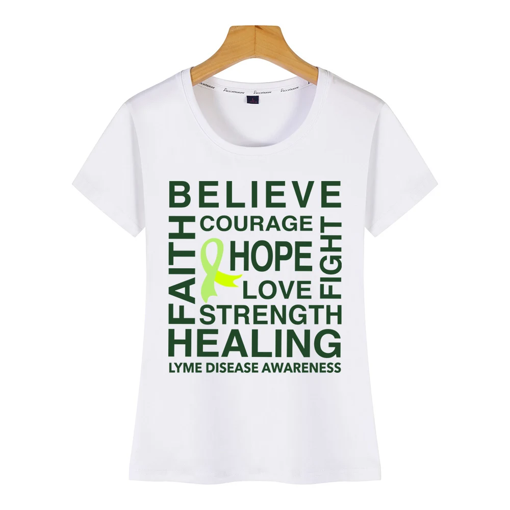 Женская футболка с круглым вырезом и надписью believe hope healing lyme disease