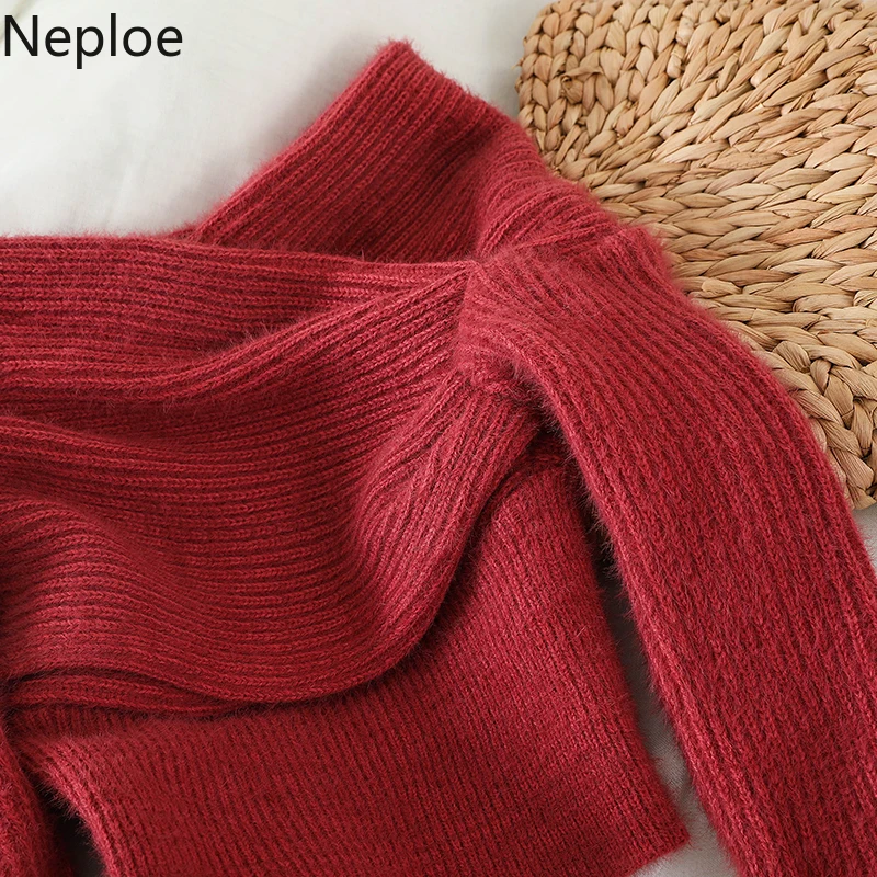 Neploe, сексуальный короткий вязаный свитер с открытыми плечами и вырезом лодочкой, теплый дизайнерский пуловер с завязками для женщин на осень и зиму, однотонный пуловер, новинка 48501