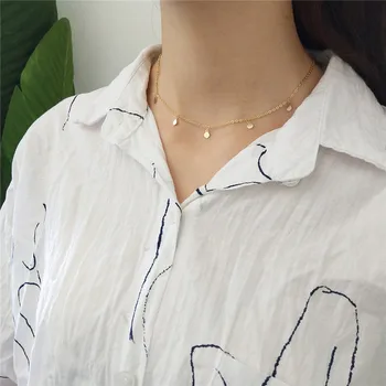

RUIYI Real 925 Sterling Silver Korean Style Girls Fashion Chokers Women 18K Gold Plated Mini Round Disk Niche Chokers Necklace