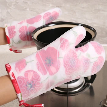 

Big Red Flower Wave Point Long Section Plus Cotton Silicone Gloves Insulated Microwave Oven Baking Anti-hot Gloves Kitchen Tools