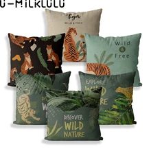 Housse de coussin décorative, taie d'oreiller, tigre, plantes tropicales, Style Animal, 45x45, 40x40, sauvage, pour la maison, en lin, pour chambre à coucher, automne 