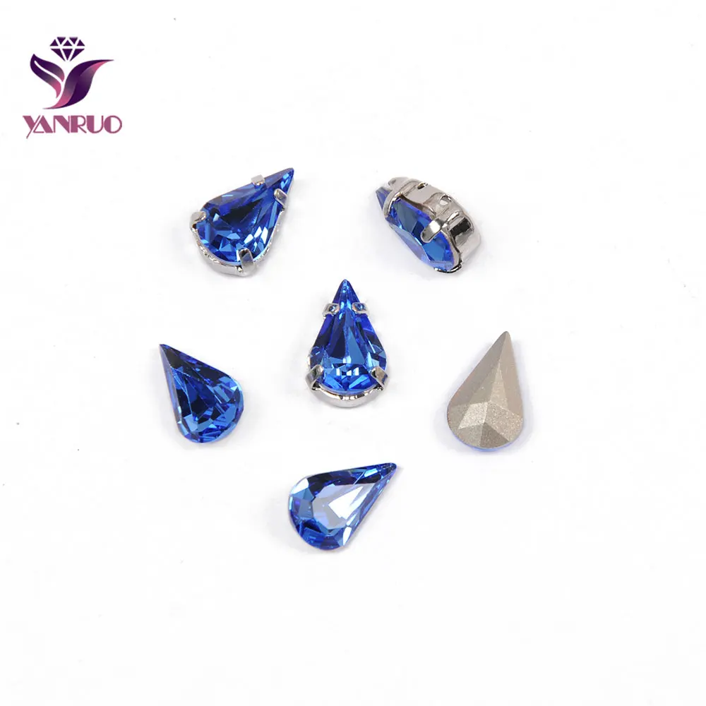 

YANRUO 4300 Pear Drop Sapphire Rhinestones for Crafts Ornaments Claw Base Sew on Clothes All for Needlework