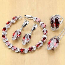 925 пробы серебряные ювелирные изделия Красный кубический цирконий Белый CZ Ювелирные наборы для свадьбы серьги/кулон/ожерелье/кольца/браслет T224