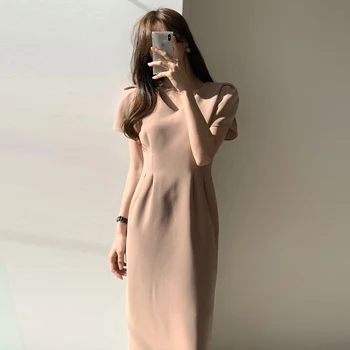 

YAMDI elegant midi dress women party short sleeve dresses 2020 new summer vintage korean a-line woman solid v neck bodycon robe