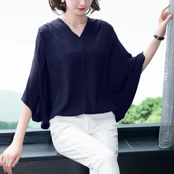 

COIGARSAM 4XL Plus Size Fashion Loose blouse women New Summer V-Neck blusas womens tops and blouses Deep Blue 6111
