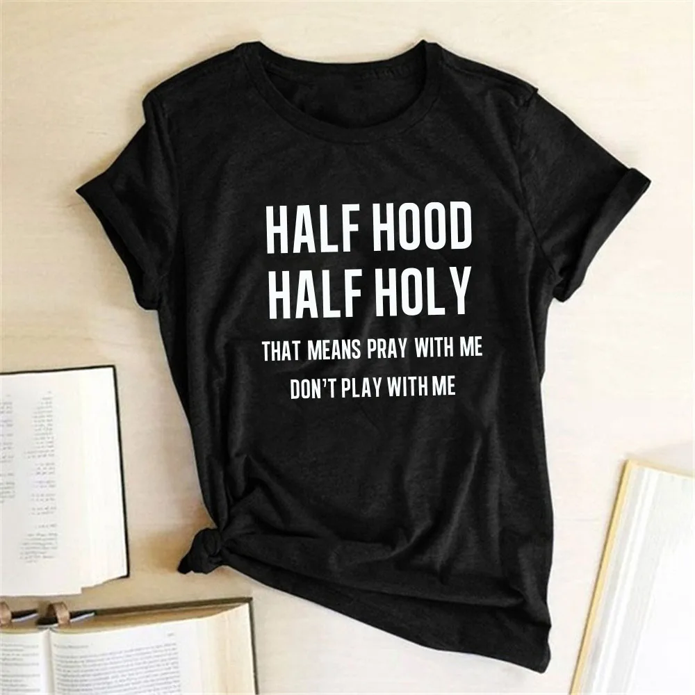 Women T-Shirts Short-Sleeve Loose Tops Ladies Clothes Letter Print Half-Hood Harajuku