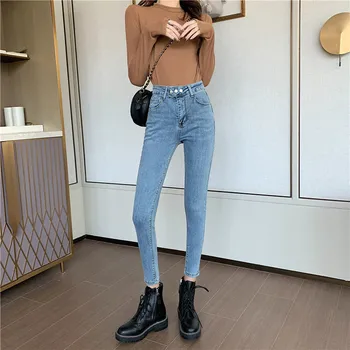 

2020 New Woman Elastic Jeans High Waist Three Button Show Slim Denim Pencil Pants Female Gray Blue Chic Skinny Jean for Woman