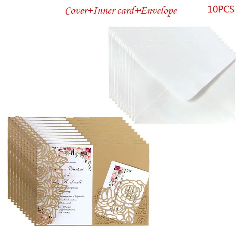  10pcs/set Laser Cut Hollow Rose Shape Wedding Invitations Card Party Supplies - 4.00031E+12