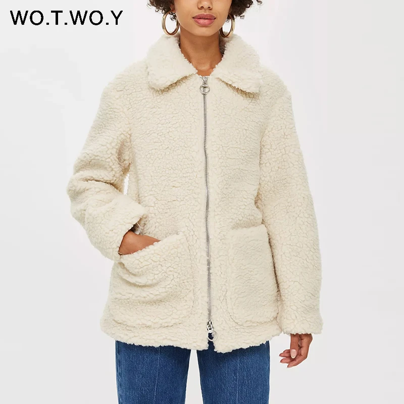 

WOTWOY Winter Knitted Coat Women 2019 Pockets Zipper Turn Down Collar Female Cashmere Jacket Fashion Casual Straight Women Tops