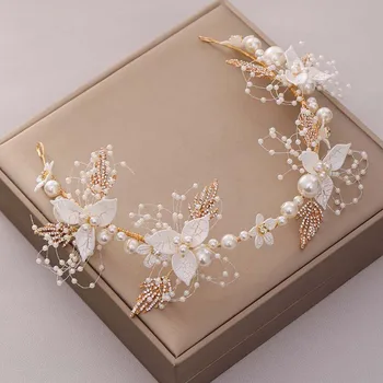 

Hot Sale Gold Color Crystal Simulated Pearls Flower Leaf Tiaras Crowns Headband Headpieces Bride Noiva Wedding Hair Accessories