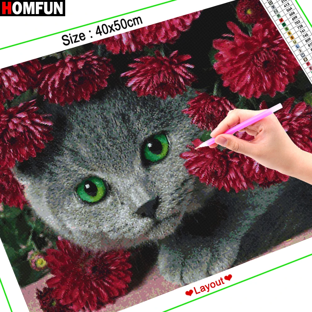 HOMFUN Paint With Diamond Embroidery "Cat flower animal" Diamond Painting Full Square Round Picture Of Rhinestone Decor