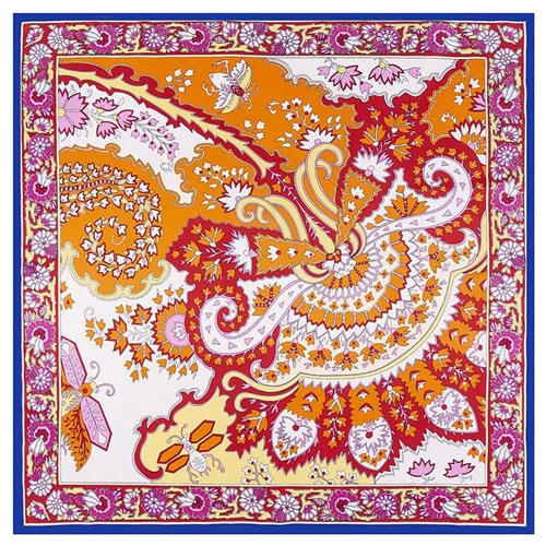 POBING шелковый шарф роскошный пчелиный платок с принтом листьев мусульманский платок квадратные шарфы женский платок Женская бандана 100*100 см - Цвет: BLUE