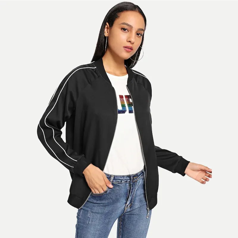 

2019 Autumn And Winter Fashion Coat Hoodie Zip-up Shirt Workwear Thin Casual Sports Solid Color Two Bars WOMEN'S Dress