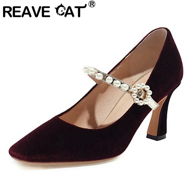 

REAVE CAT New 2021 Women Pumps Square Toe 7.5cm Block Heels Flock Buckle Pearl Elegant Vintage Big Size 34-48 Casual Date A3825