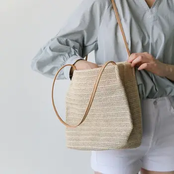 

Fashion Women Solid Color Straw Shoulder Bucket Bag Handbag Tote Bag