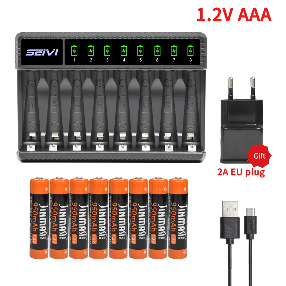 

1.2V ni-mh aaa rechargeable battery aaa 900-1100mAh and 8 slots smart fast battery charger for aa aaa big current chargers
