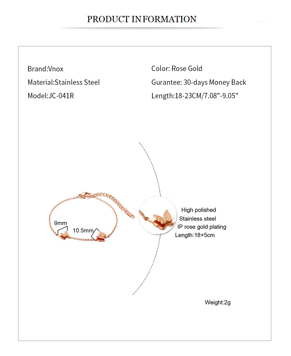 Vnox, Яркие Браслеты с бабочкой для женщин, трендовые, розовое золото, тон, нержавеющая сталь, звеньевая цепочка, браслет для девушек, вечерние ювелирные изделия