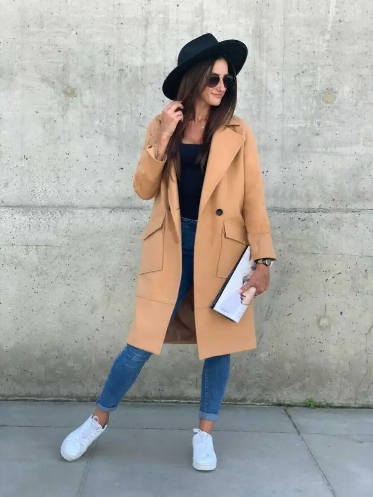 2021 Autumn Winter Black Women's Coat Trench Wool Oversize Warm Lace Up Long Coats Female Elegant Fashion Casual Outerwear Lady