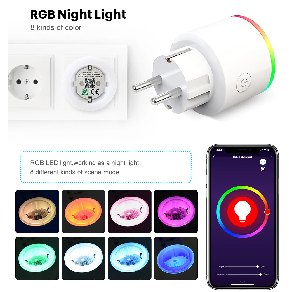 Умная розетка AVATTO беспроводная вилка 16 А разъем EU подсветка RGB счетчик