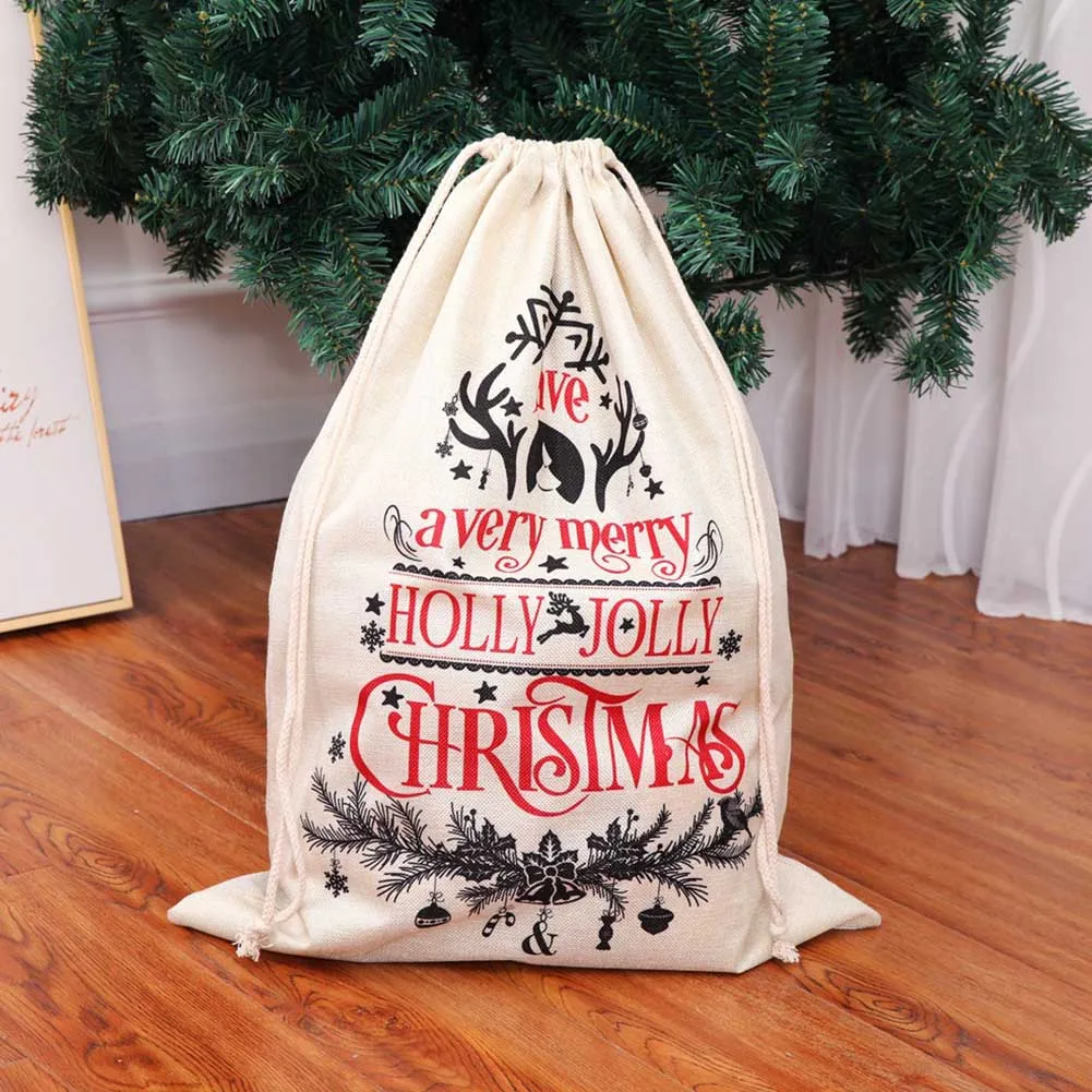 

Drawstring For Kids Packing Santa Sacks Print Holiday Flax Large Christmas Gift Bags Storage Candy Presents Party Decoration