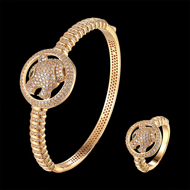 

Fateama luxury animal leopard in the roung bangle with ring jewelry set ziron pave setting bracelet fashion jewelry of best gift