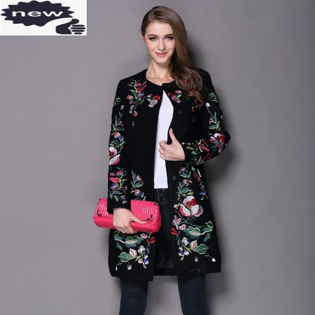 Winter Wool Long Coat Casual Embroidery Floral Jacket Wool