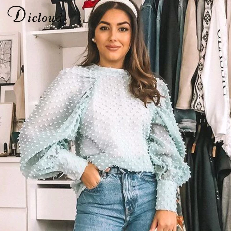 

DICLOUD Women Blue Dot Fashion Blouses and Shirts Sexy See Through Long Sleeve Oversize High Neck Elegant Top Ladies